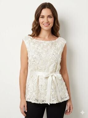 SLNY Sequin Floral Rosette Peplum Blouse Ivory White Lace Short Sleeve Top XXL